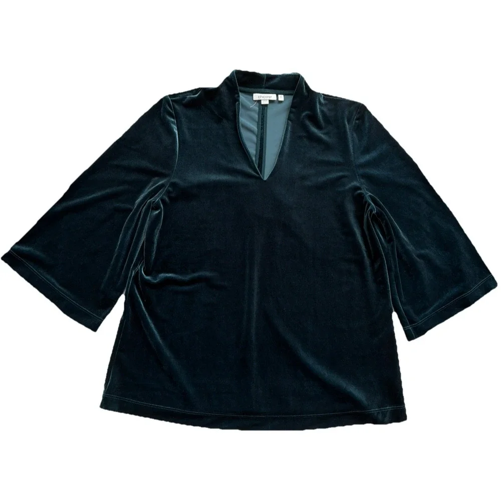 Chico’s Velvet 2 Piece Set Womens Large Teal 3/4 Sleeve Pull On Pants Relaxed - Picture 5 of 10